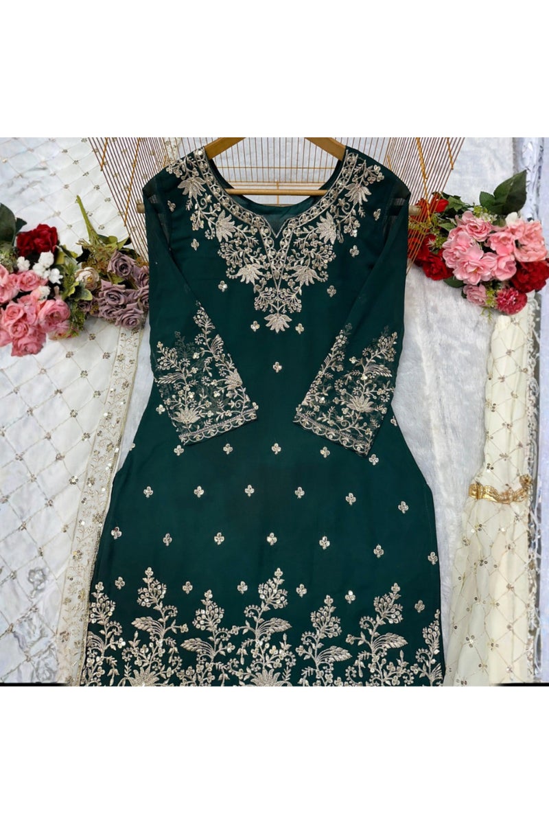 Faux Georgette Top Palazzo & Dupatta Set - HRT4609 - Image 4